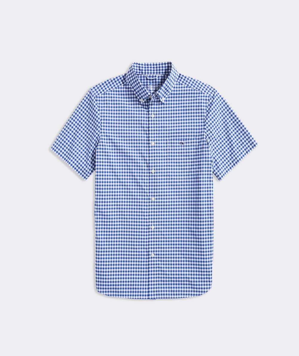 Camisas Vineyard Vines On-The-Go Nylon Corta-Sleeve Gingham Shirt Azules | 761054MWN