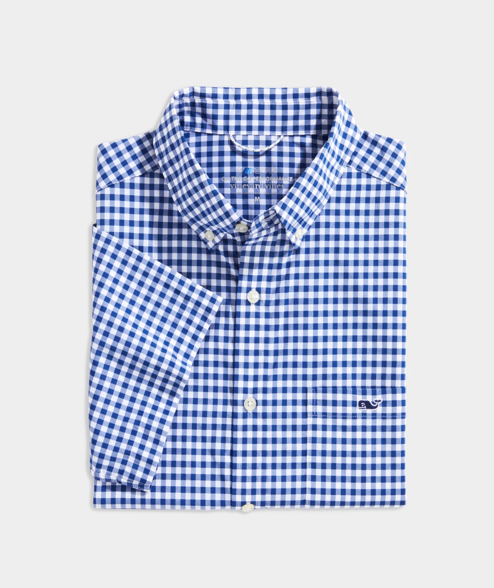 Camisas Vineyard Vines On-The-Go Nylon Corta-Sleeve Gingham Shirt Azules | 761054MWN