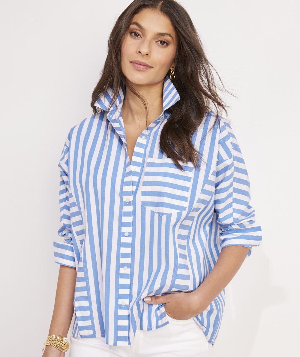 Camisas Vineyard Vines Poplin A Rayas Weekend Button-Down Blancos Azules | 850364NQV