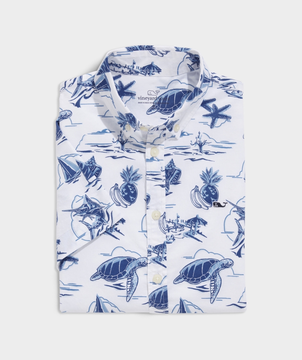 Camisas Vineyard Vines Stretch Poplin Corta-Sleeve Harbour Icons Print Shirt Blancos | 025718WPA