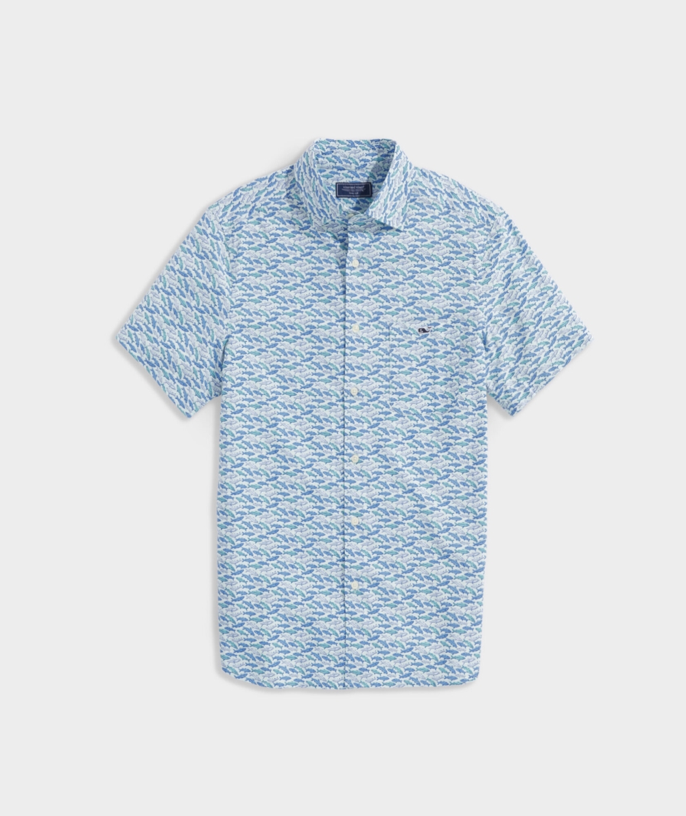 Camisas Vineyard Vines Stretch Poplin Corta-Sleeve Fish Print Shirt Azules | 576830EOY