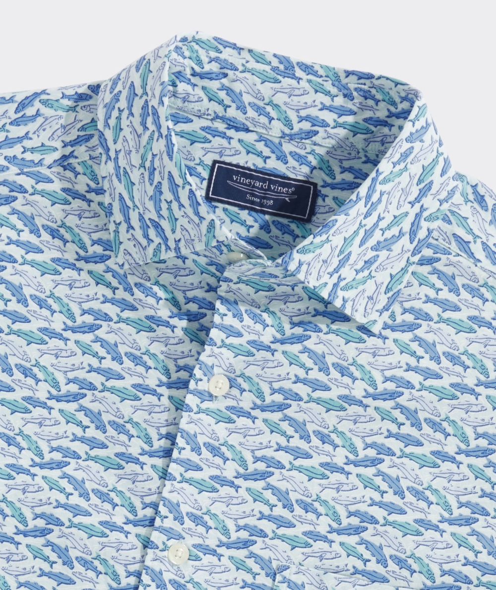 Camisas Vineyard Vines Stretch Poplin Corta-Sleeve Fish Print Shirt Azules | 576830EOY