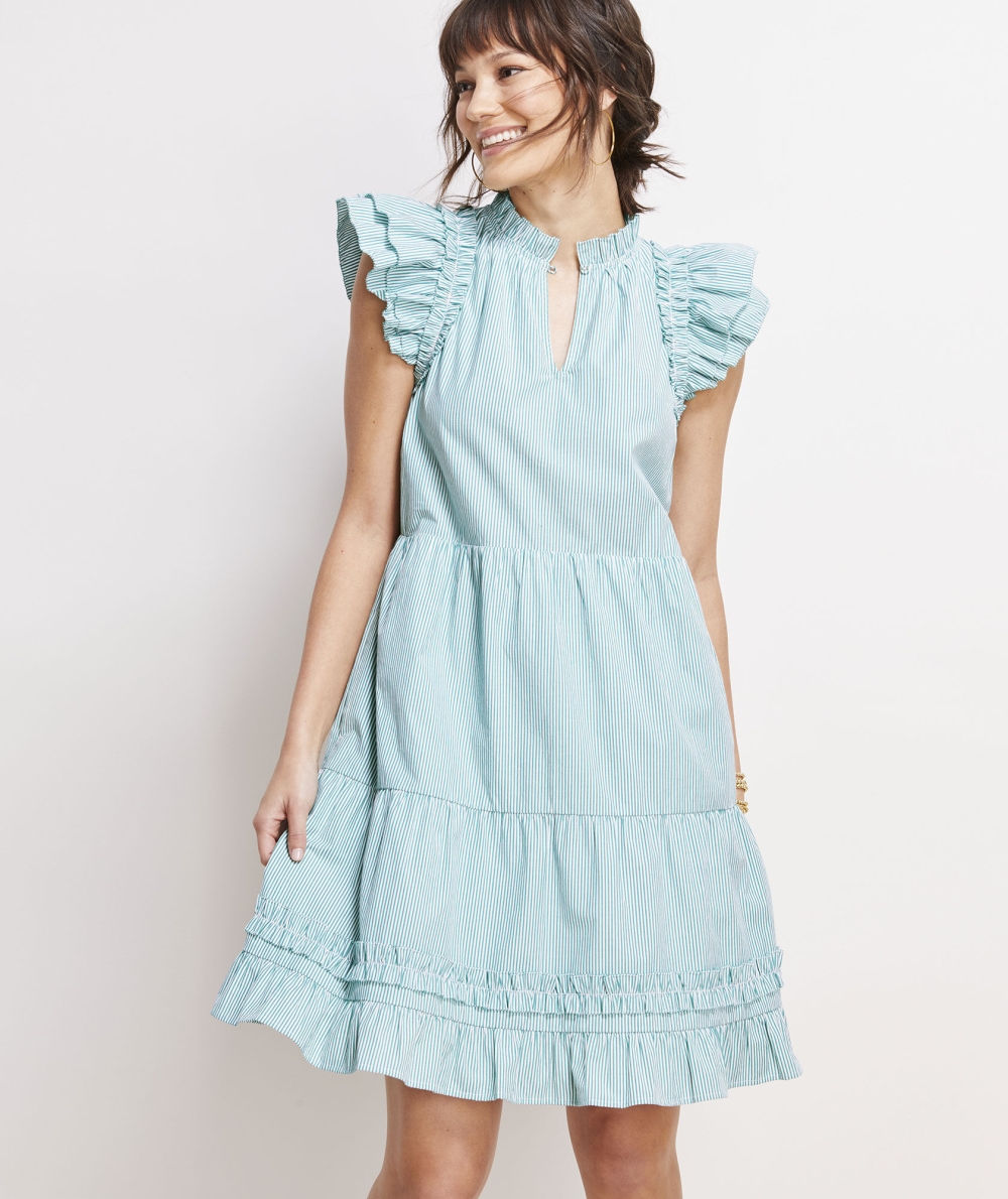 Dresses Vineyard Vines A Rayas Tiered Ruffle-Neck Vestido Blancos | 034856YKA