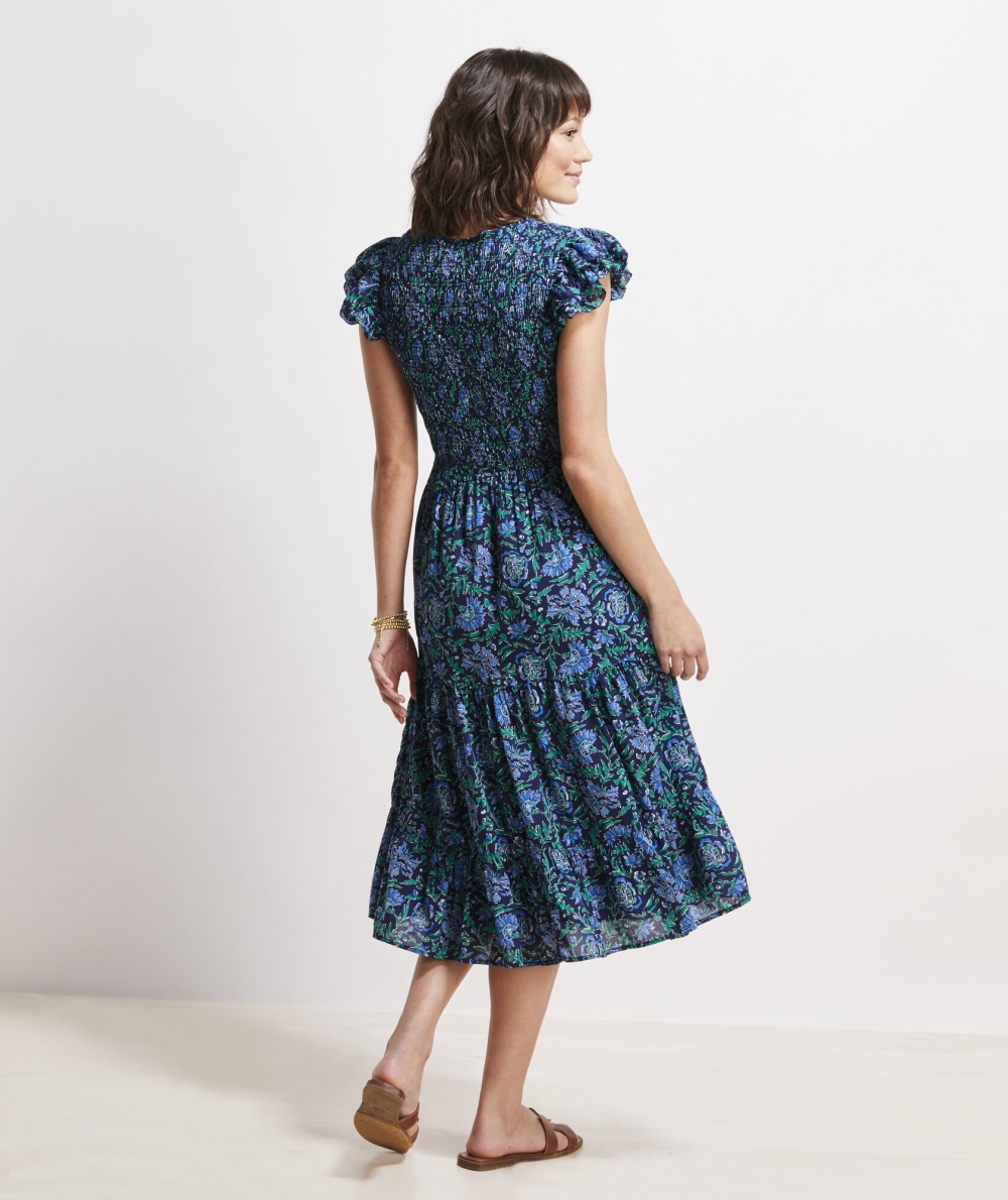 Dresses Vineyard Vines Floral Smocked V-Neck Midi Vestido Azules | 032814HKS