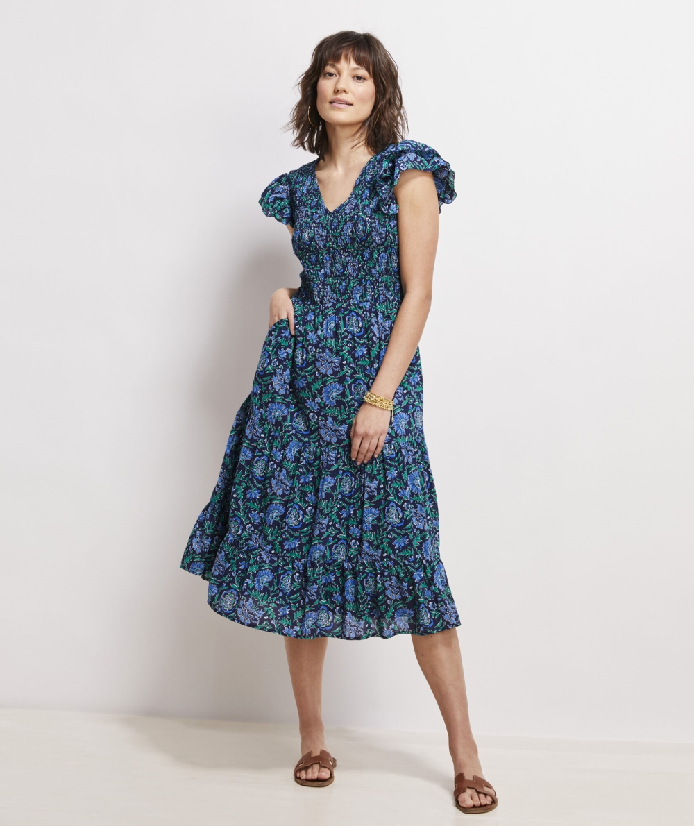 Dresses Vineyard Vines Floral Smocked V-Neck Midi Vestido Azules | 032814HKS