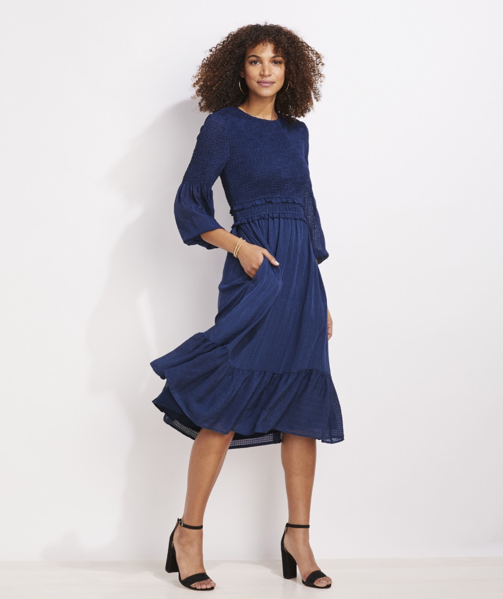 Dresses Vineyard Vines Textured Silk Smocked Midi Vestido Azules | 924508IAG