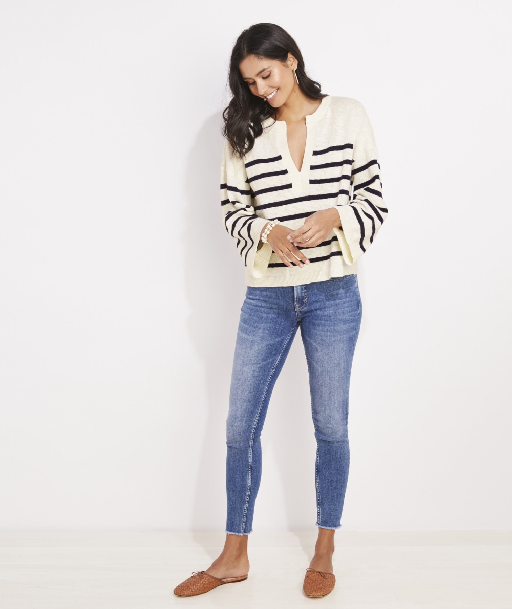 Suéteres Vineyard Vines Breton Stripe Slub Split-Neck Sueter Marshmallow | 174592BEQ