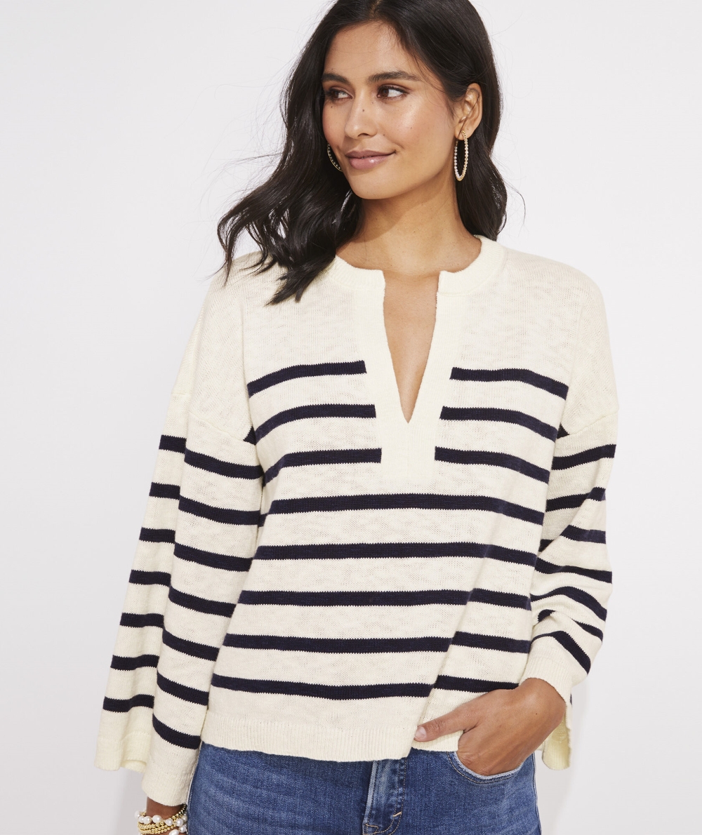 Suéteres Vineyard Vines Breton Stripe Slub Split-Neck Sueter Marshmallow | 174592BEQ