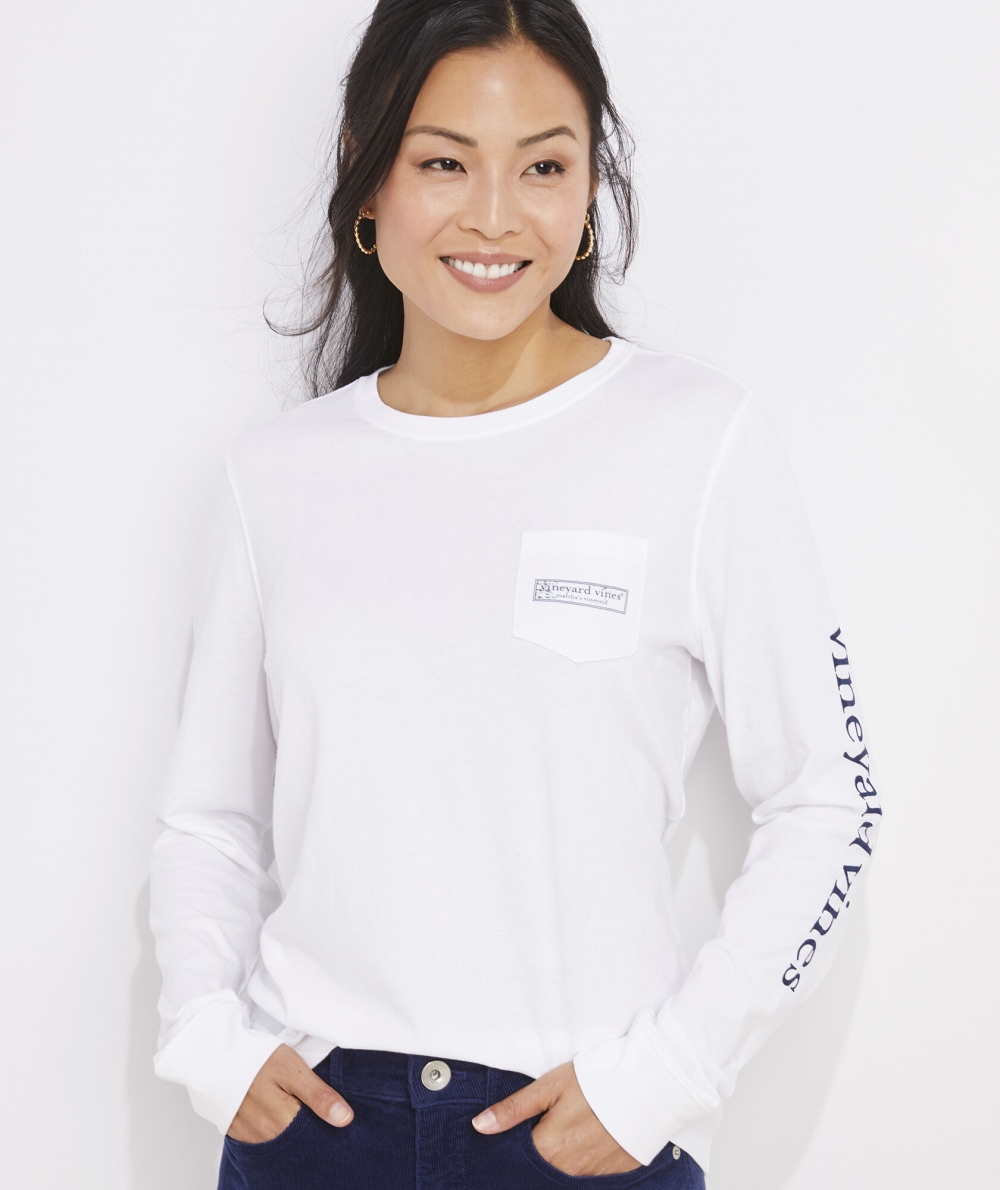 Tees Vineyard Vines Ski Scene Logo Box Long-Sleeve Pocket Tee Blancos | 453182GXA