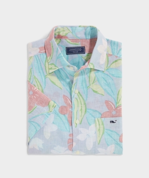 Camisas Vineyard Vines Linen Corta-Sleeve Dunmore Floral Shirt Azules | 784065PIS