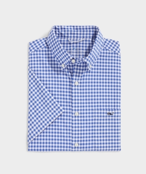 Camisas Vineyard Vines On-The-Go Corta-Sleeve Gingham Shirt Azules | 487506OHV