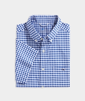 Camisas Vineyard Vines On-The-Go Nylon Corta-Sleeve Gingham Shirt Azules | 761054MWN