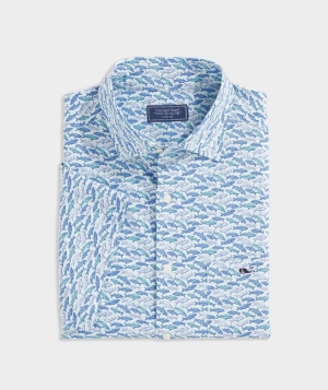 Camisas Vineyard Vines Stretch Poplin Corta-Sleeve Fish Print Shirt Azules | 576830EOY