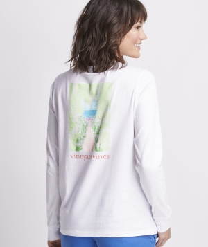 Tees Vineyard Vines Palm Tree Beach Path Long-Sleeve Pocket Tee Blancos | 546873EXW